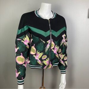 Shein bomber jacket medium Asian inspired black puffer pink birds satin pattern